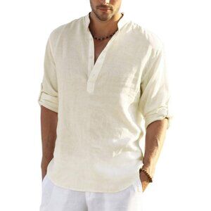 Men's Beige Cotton Linen Henley T-shirt Long Sleeve Casual Beach Button